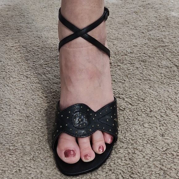 Bonnibel black studded heeled leather sandals with wrap around ankle strap. - Picture 3 of 9